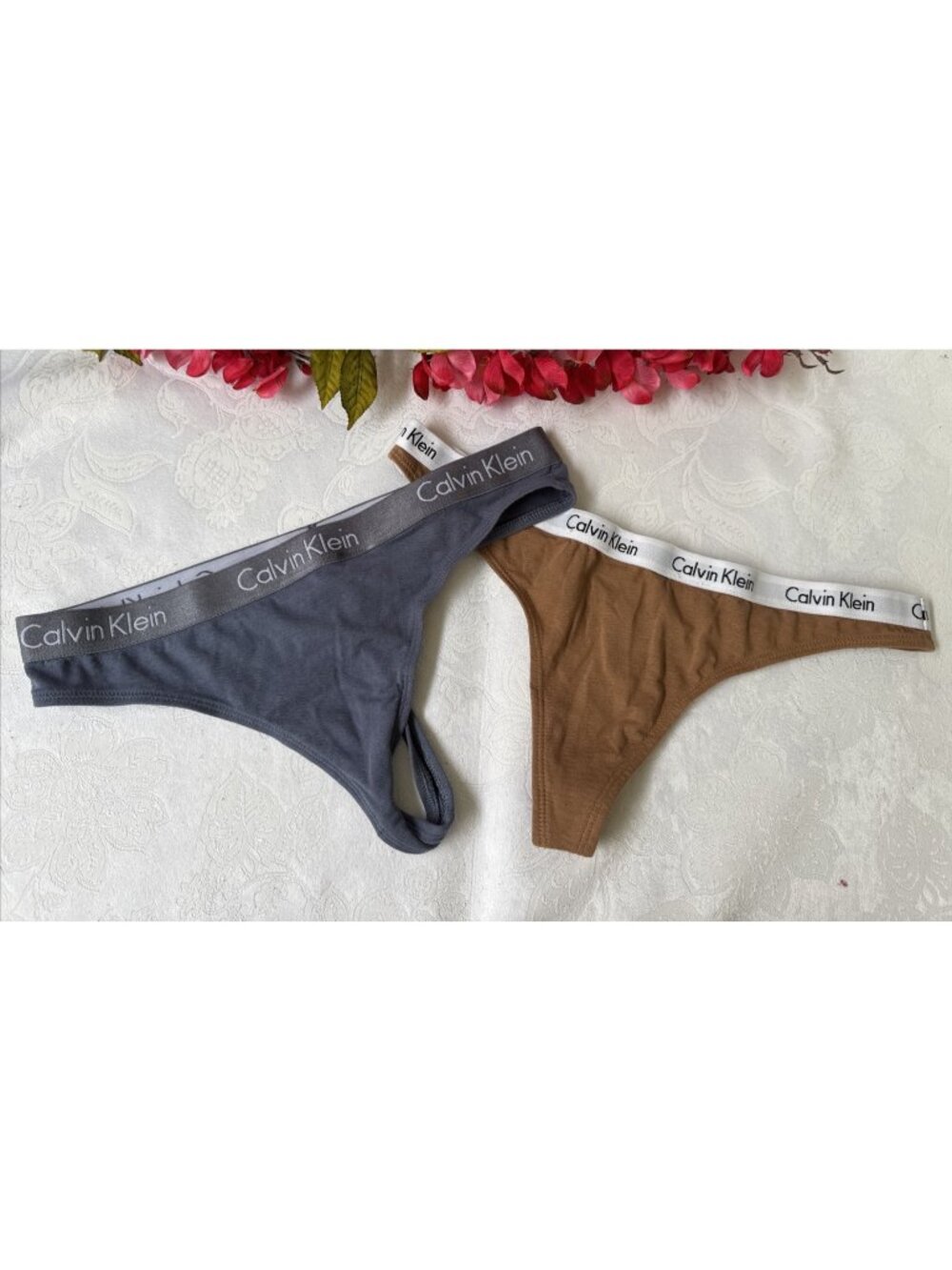 2 Pair Women's Thong Cotton Panties Calvin Klein 2-pack S Small Brown Blue Gray